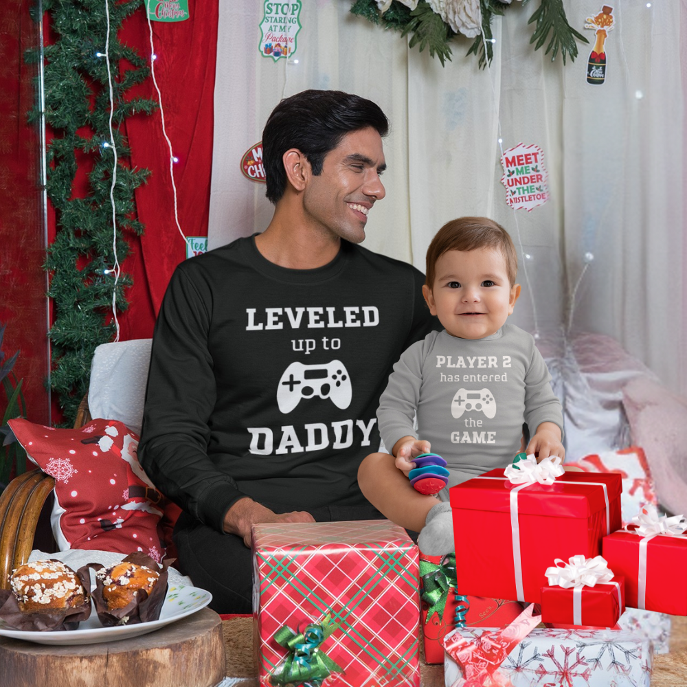 Leveled Up Daddy Sweatshirt or Hoodie and Player 2 Long Sleeve Infant Bodysuit