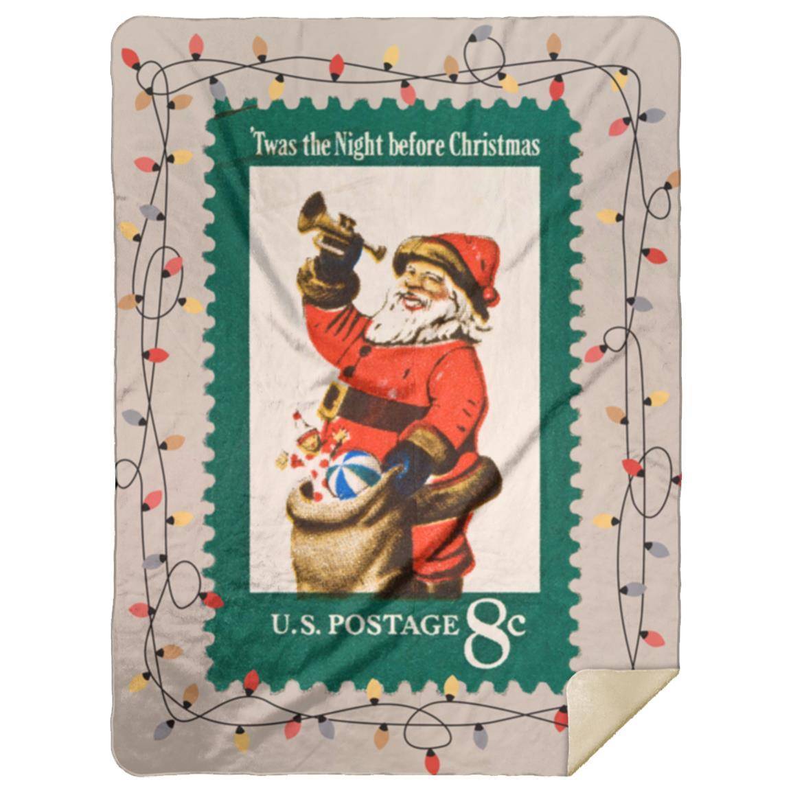 Vintage Christmas Stamp (circa 1972) Blanket on Taupe Background with Christmas Light Border. Comes in 60x80 inch (Queen), 50x60 inch (Throw) or 30x40 inch (Baby Blanket). Premium Silky Smooth front; Premium Fluffy Sherpa back side; Thickness: 1 cm Full color all over print; Prints edge to edge on one side. Machine wash separately in cold water; Tumble dry on low heat. Do not iron or press with heat; Do not dry clean. Decoration Type: Sublimation; Product Measurement Tolerance: +/- 1 inch