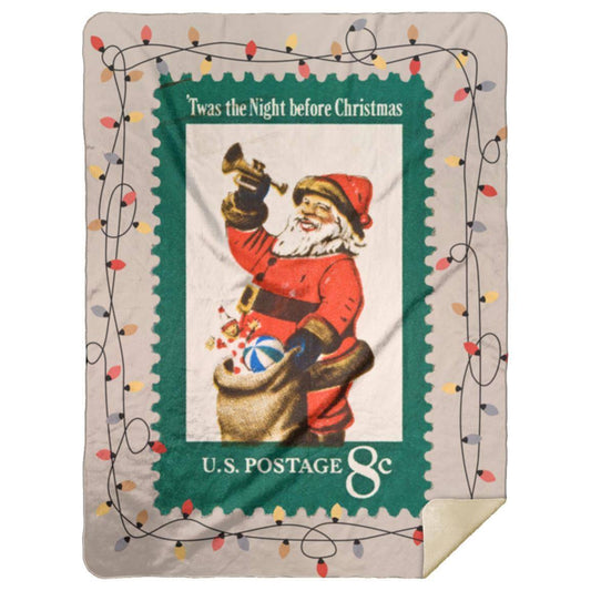 Vintage Christmas Stamp (circa 1972) Blanket on Taupe Background with Christmas Light Border. Comes in 60x80 inch (Queen), 50x60 inch (Throw) or 30x40 inch (Baby Blanket). Premium Silky Smooth front; Premium Fluffy Sherpa back side; Thickness: 1 cm Full color all over print; Prints edge to edge on one side. Machine wash separately in cold water; Tumble dry on low heat. Do not iron or press with heat; Do not dry clean. Decoration Type: Sublimation; Product Measurement Tolerance: +/- 1 inch