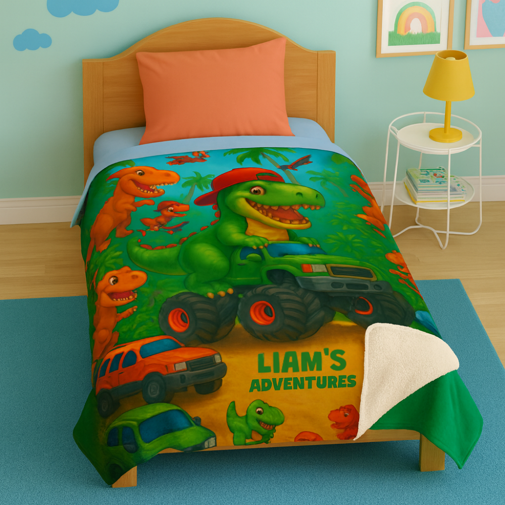 Children's 50x60 blanket with cartoon dinosaurs and vehicles in a jungle setting, featuring personalization of 'Liam's Adventures' written on it. The blanket is on a twin bed with a corner folded back showing sherpa fleece on the reverse side.