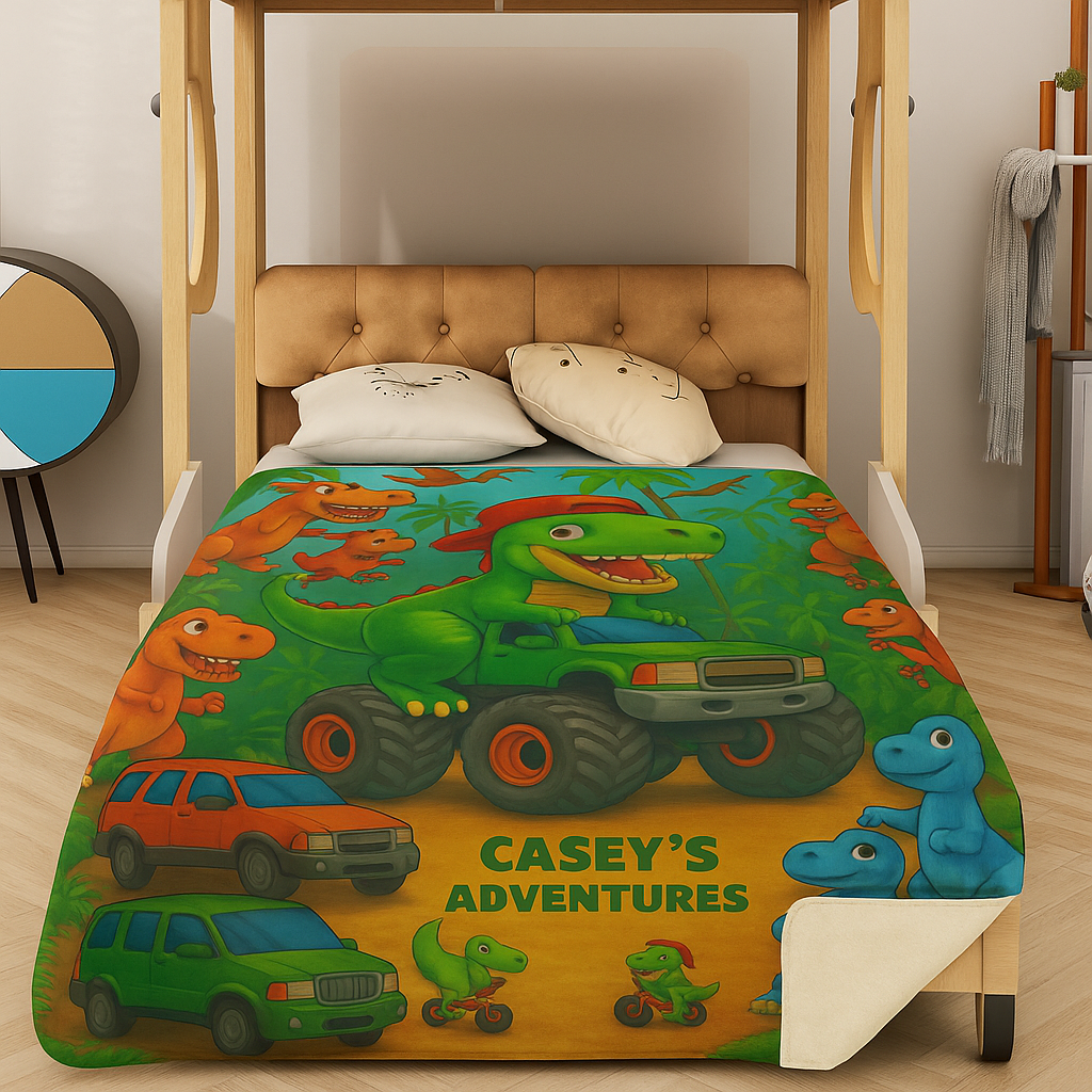 Children's 6080" blanket with cartoon dinosaurs and vehicles in a jungle setting, featuring personalization of 'Liam's Adventures' written on it. The blanket has a corner folded back showing sherpa fleece on the reverse side and is displayed on a queen bed in a child's room.
