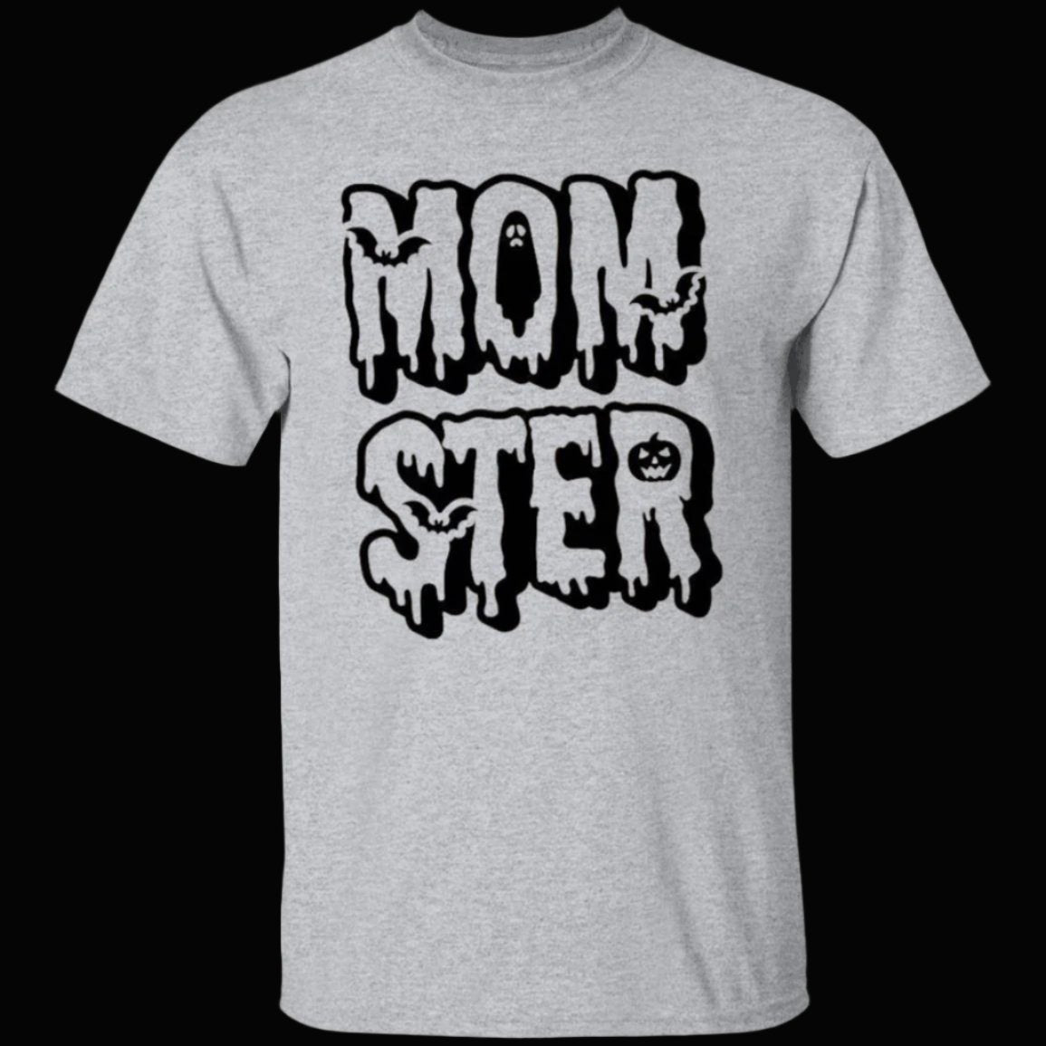 Sport gray unisex Halloween t-shirt. MOM-STER is written across the chest in two lines using creepy, drippy letters with MOM above STER. Flying around the letters are bats. A ghost is placed in the center of the letter O, while a scary pumpkin is used for the space in the R - Any Gift For You