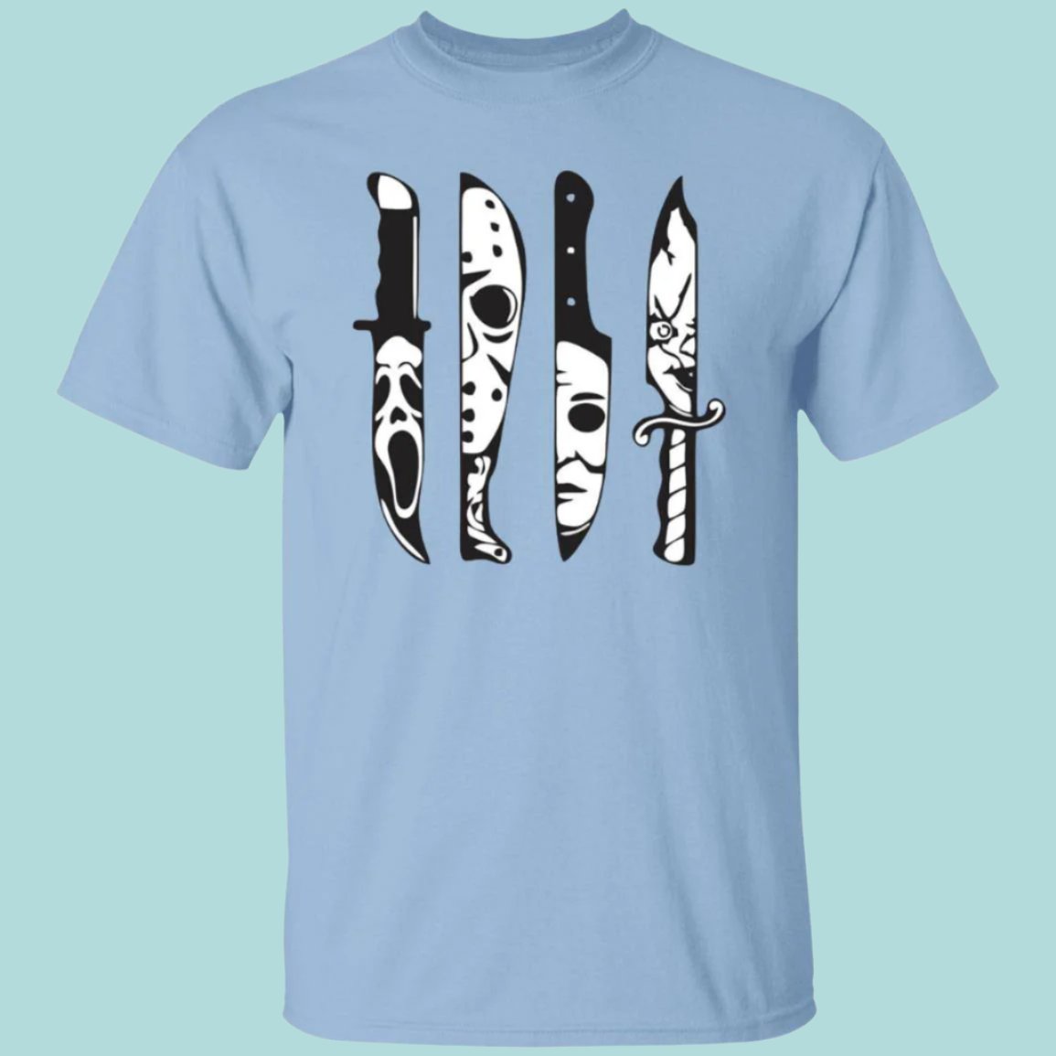 Light blue unisex Halloween t-shirt with four knives across the front. In the reflection of each knife shows the face of a killer from a famous horror movie (Ghostface, Jason Voorhees, Michael Myers and Chucky) - Any Gift For You