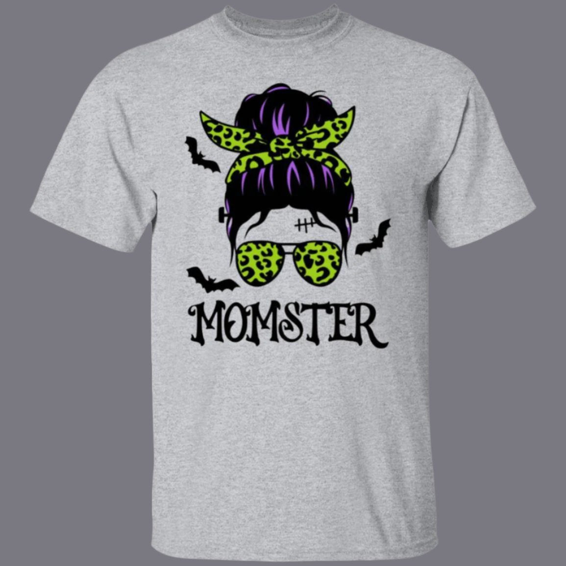 Momster Halloween T-Shirt in gray with an image of a hip-looking featureless faced woman. She has a scar and stitches on her forehead with bolts on each side of her neck like Frankenstein. Her purple hair is in a messy bun tied with a lime green leopard patterned bandana, which matches her printed ray-ban sunglasses. Flying around her head are bats. MOMSTER is printed beneath the image. - Any Gift For You