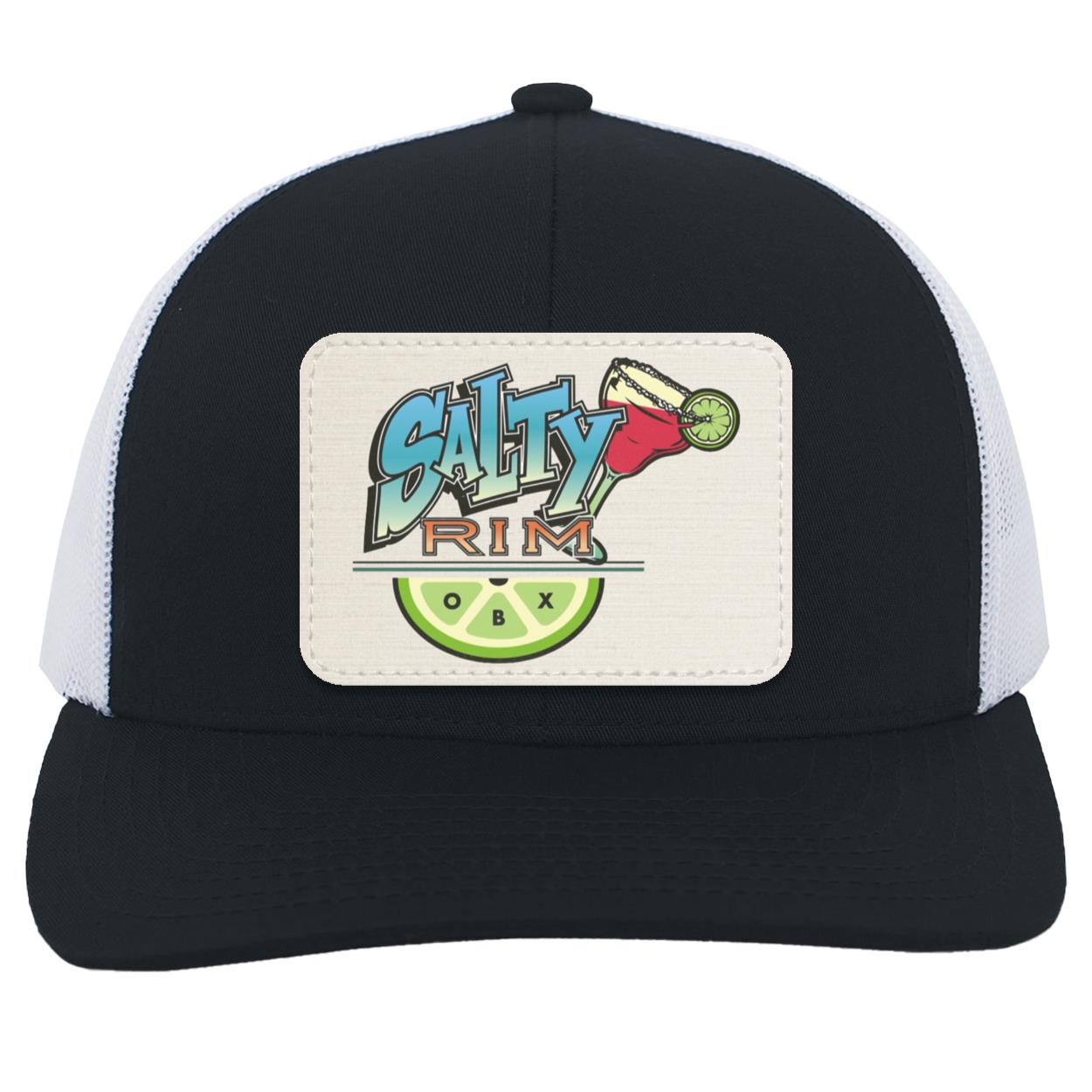 Salty Rim Trucker Hat with Logo 104C in navy with white mesh and a light stripe patch