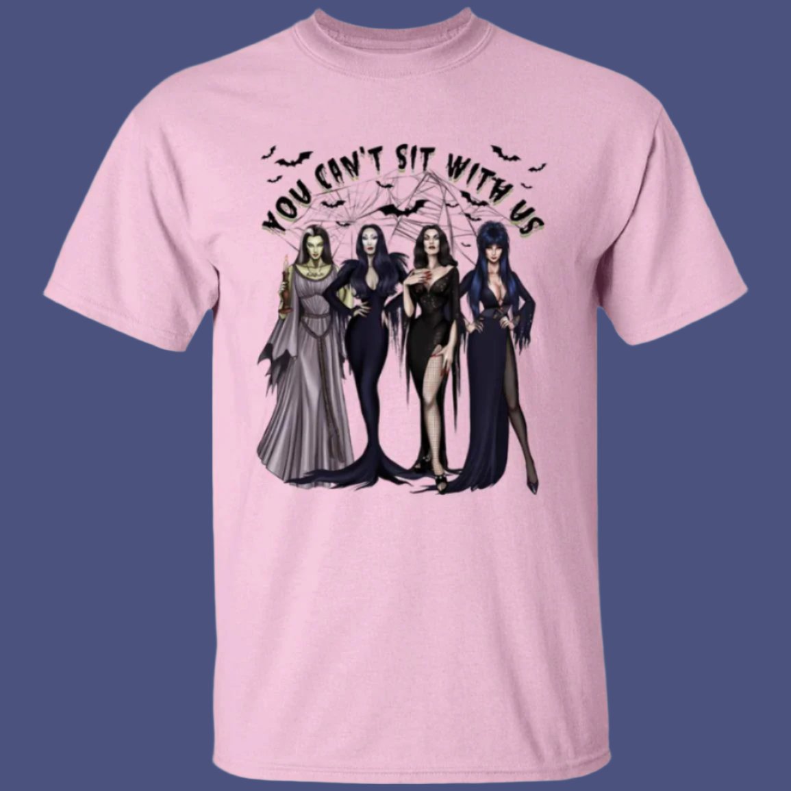 You Can't Sit with Us Female Villains Halloween T-Shirt in pink showing 4 famous female villans with bats and cobwebs under a banner that says "You Can't Sit With Us" - Any Gift For You