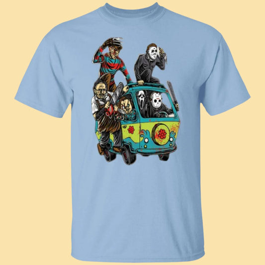 Light blue unisex Halloween t-shirt with an image of the bus from Scooby Doo on the front with killer villains from horror movies spilling out the windows waving their knives and weapons - Any Gift For You