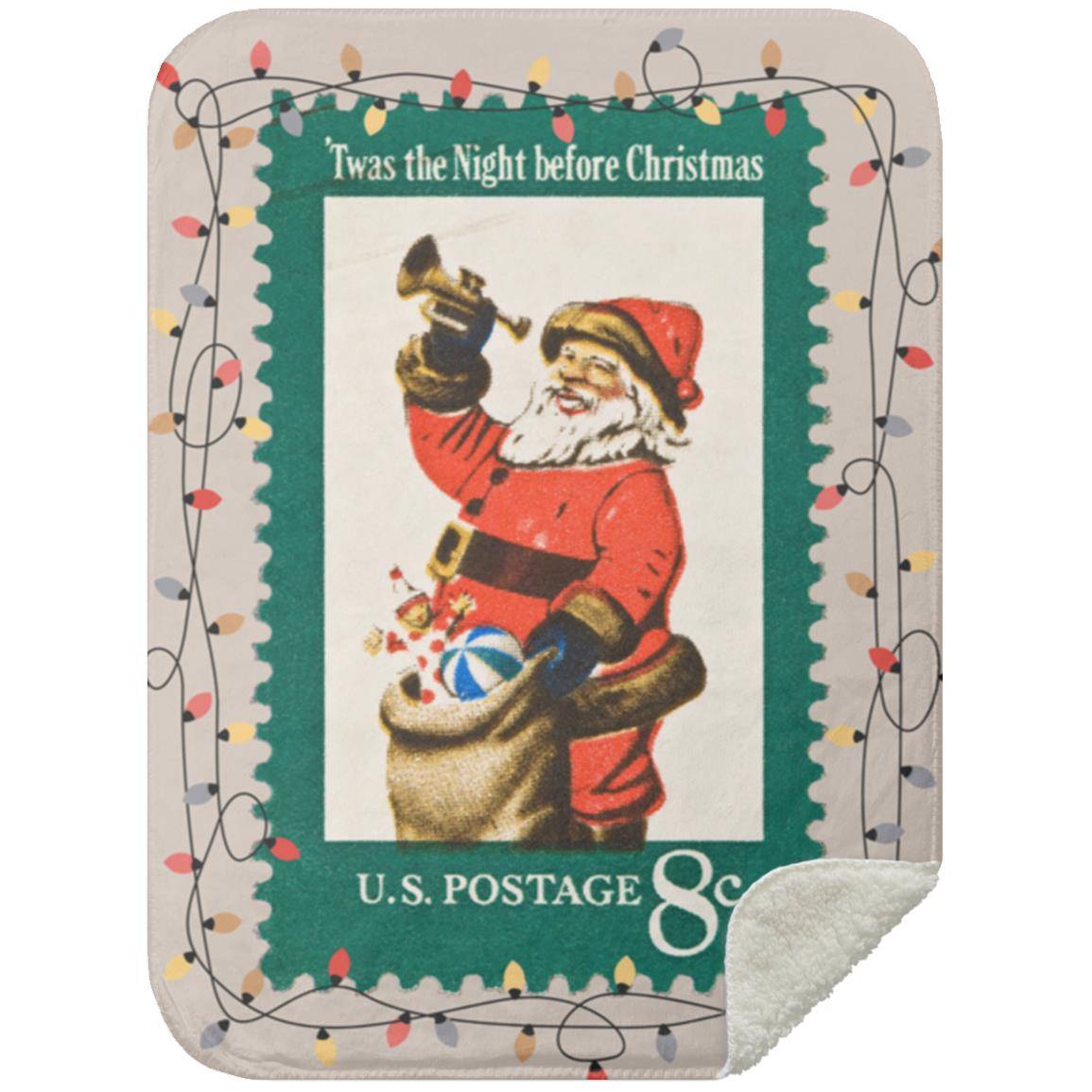 Vintage Christmas Stamp (circa 1972) Blanket on Taupe Background with Christmas Light Border. Comes in 60x80 inch (Queen), 50x60 inch (Throw) or 30x40 inch (Baby Blanket). Premium Silky Smooth front; Premium Fluffy Sherpa back side; Thickness: 1 cm Full color all over print; Prints edge to edge on one side. Machine wash separately in cold water; Tumble dry on low heat. Do not iron or press with heat; Do not dry clean. Decoration Type: Sublimation; Product Measurement Tolerance: +/- 1 inch