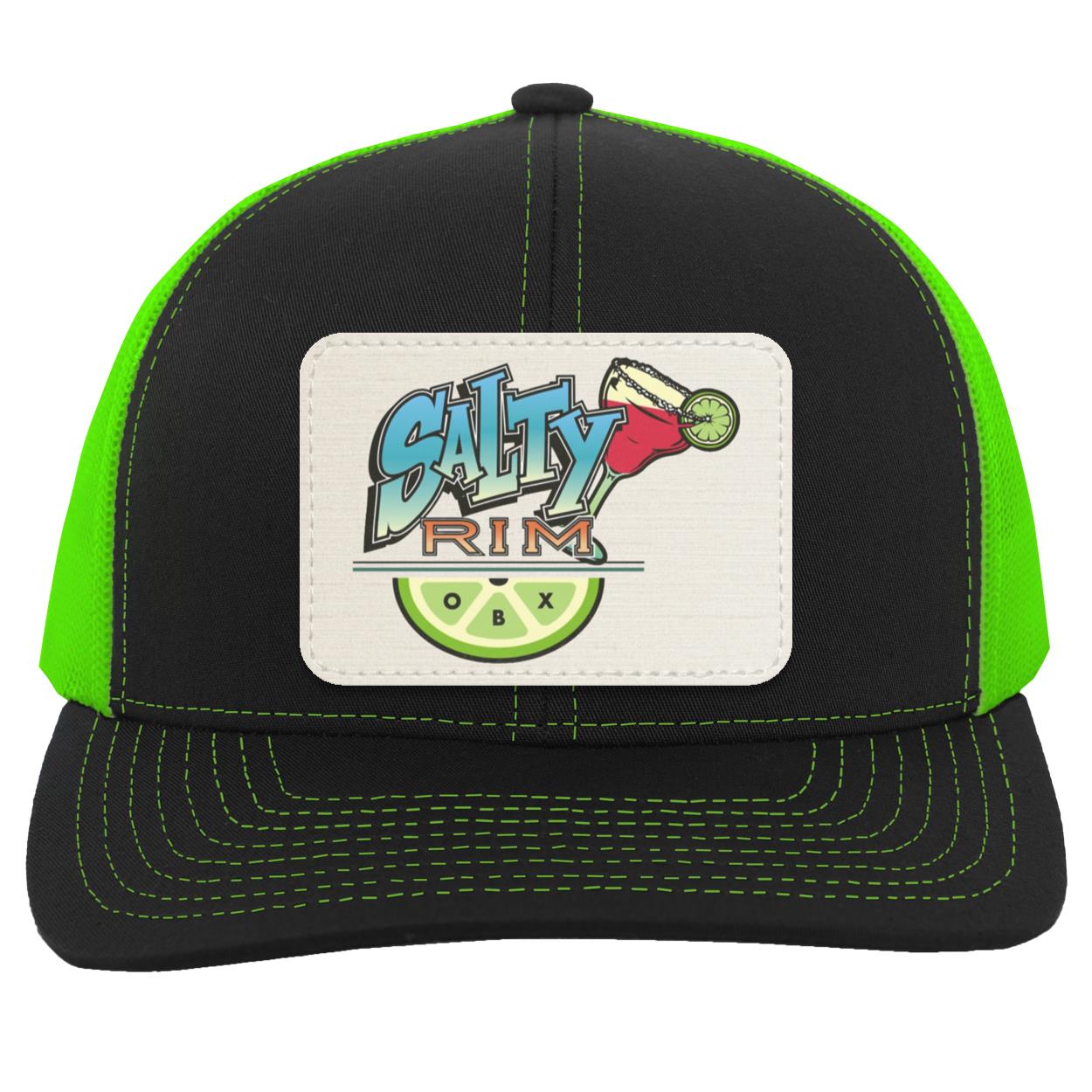 Salty Rim Trucker Hat with Logo 104C in black with neon green mesh and a light stripe patch