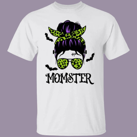Momster Halloween T-Shirt in white with an image of a hip-looking featureless faced woman. She has a scar and stitches on her forehead with bolts on each side of her neck like Frankenstein. Her purple hair is in a messy bun tied with a lime green leopard patterned bandana, which matches her printed ray-ban sunglasses. Flying around her head are bats. MOMSTER is printed beneath the image. - Any Gift For You