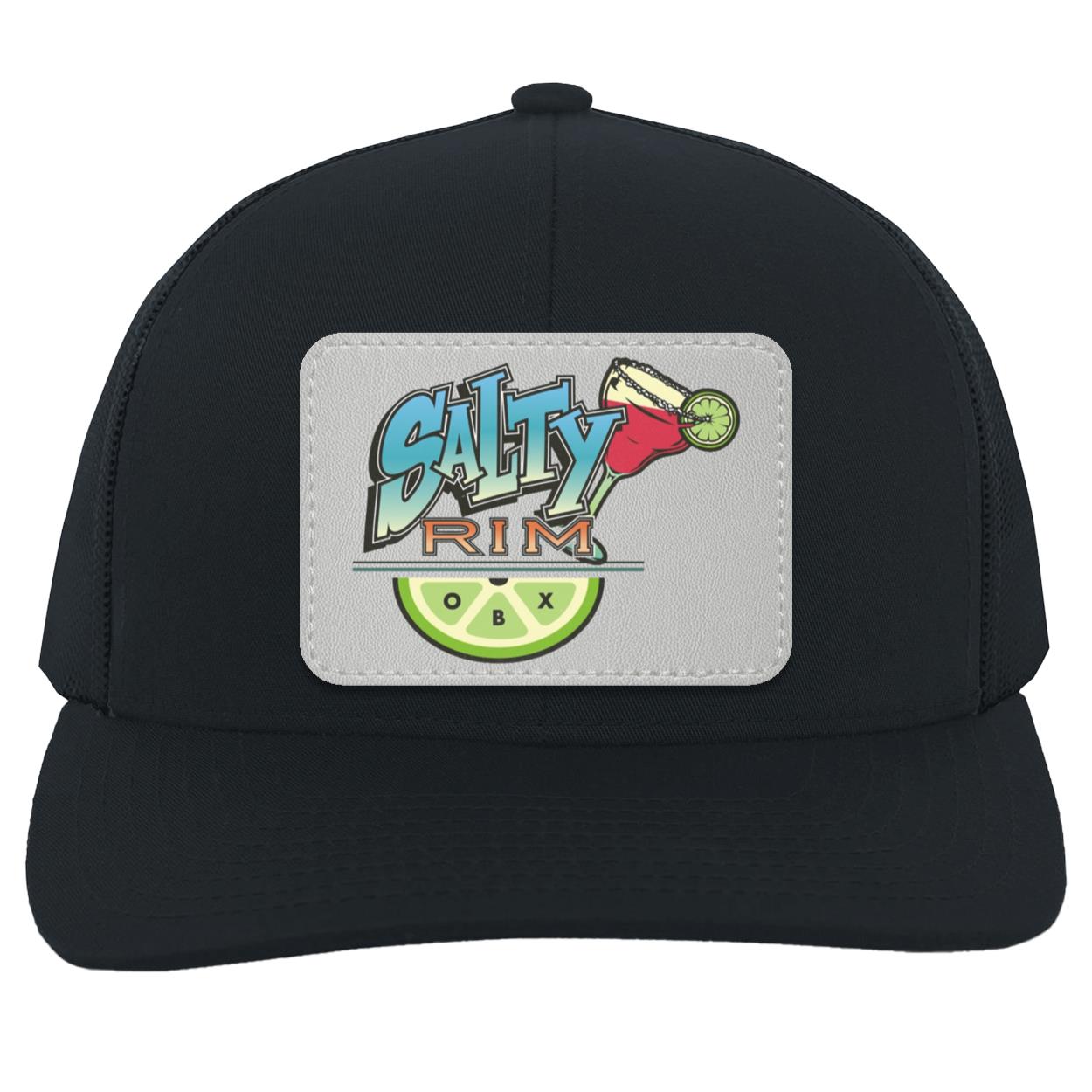 Salty Rim Trucker Hat with Logo 104C in navy with navy mesh and a light gray patch