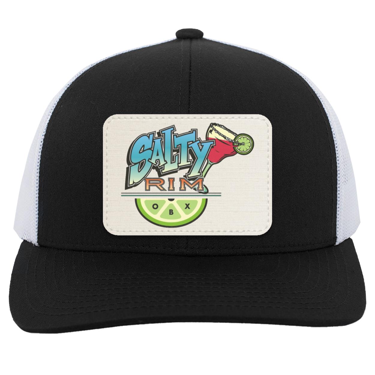 Salty Rim Trucker Hat with Logo 104C in black with white mesh and a light stripe patch