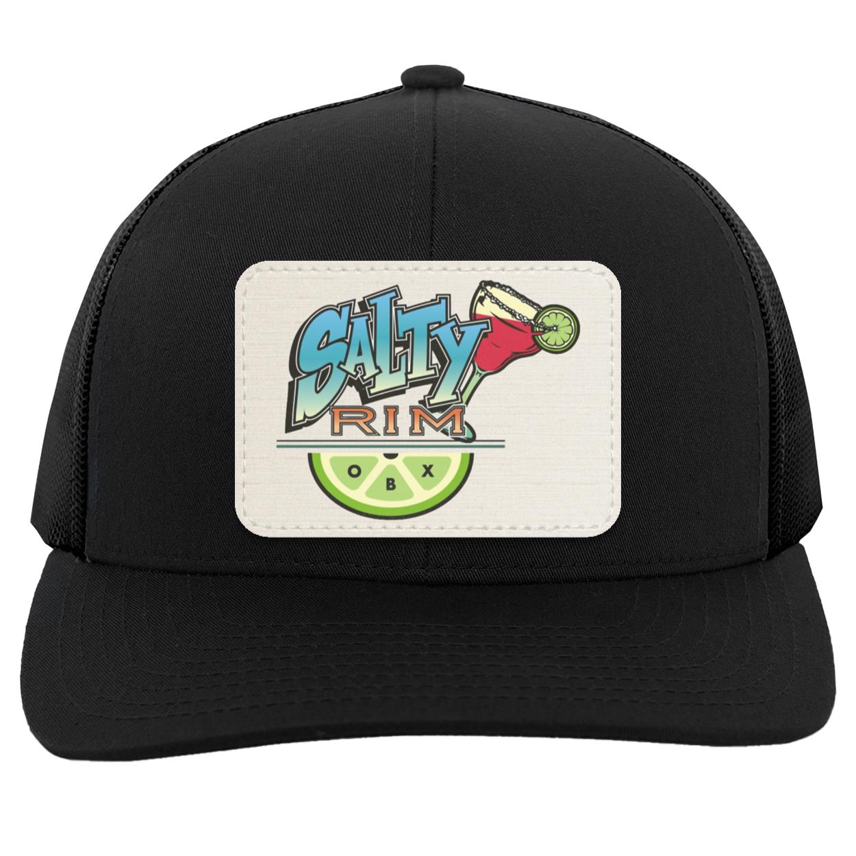 Salty Rim Trucker Hat with Logo 104C in black with black mesh and a light stripe patch