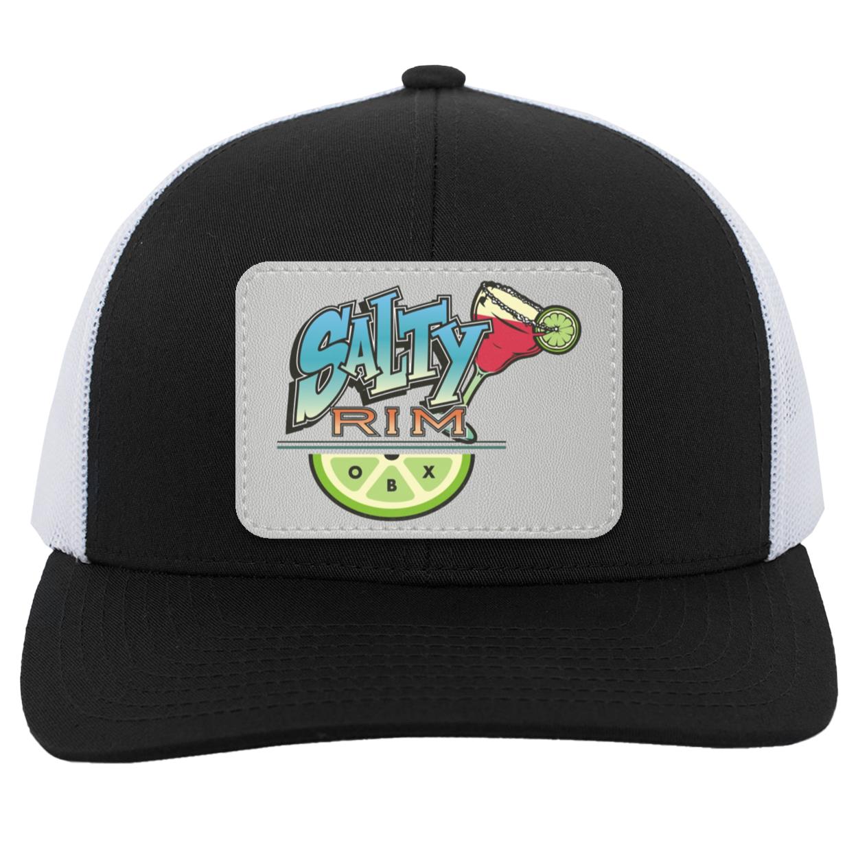 Salty Rim Trucker Hat with Logo 104C in black with white mesh and a light gray patch