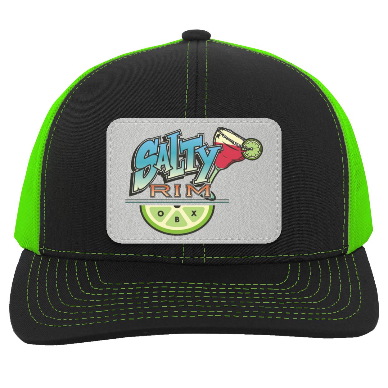 Salty Rim Trucker Hat with Logo 104C in black with neon green mesh and a light gray patch