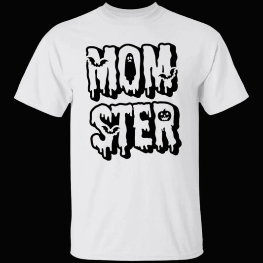 White unisex Halloween t-shirt. MOM-STER is written across the chest in two lines using creepy, drippy letters with MOM above STER. Flying around the letters are bats. A ghost is placed in the center of the letter O, while a scary pumpkin is used for the space in the R - Any Gift For You