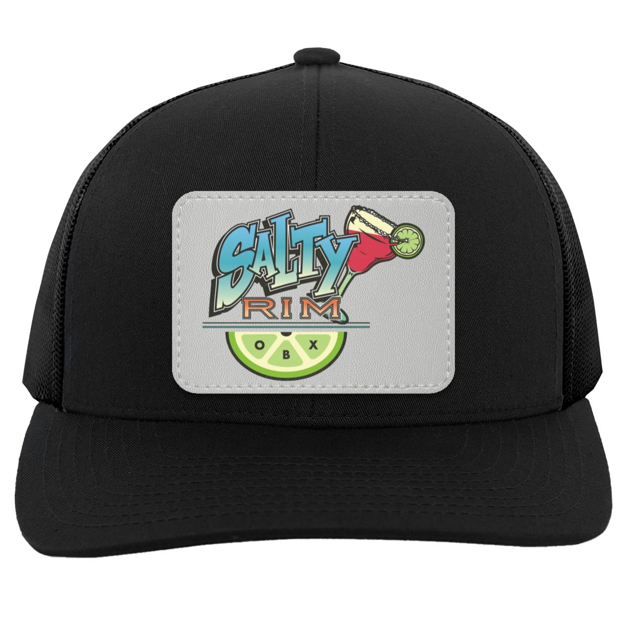 Salty Rim Trucker Hat with Logo 104C in black with black mesh and a light gray patch