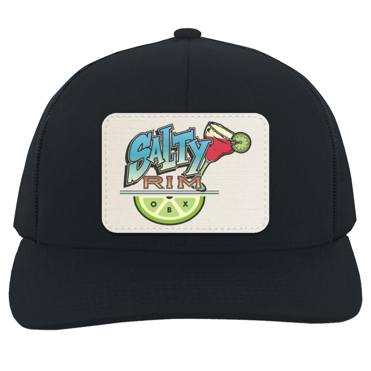 Salty Rim Trucker Hat with Logo 104C in navy with navy mesh and a light stripe patch
