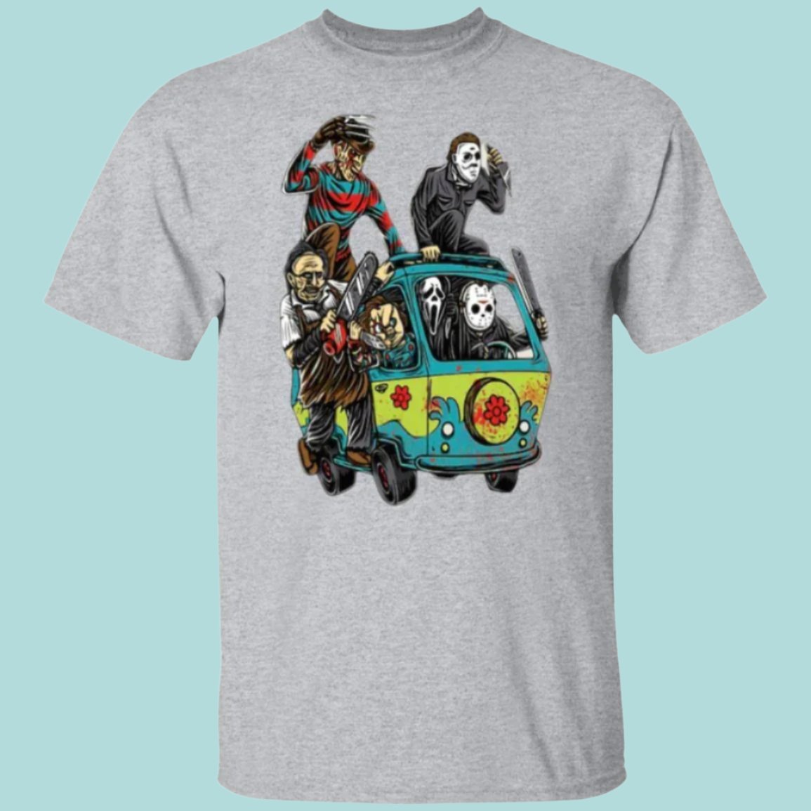 Sport gray unisex Halloween t-shirt with an image of the bus from Scooby Doo on the front with killer villains from horror movies spilling out the windows waving their knives and weapons - Any Gift For You