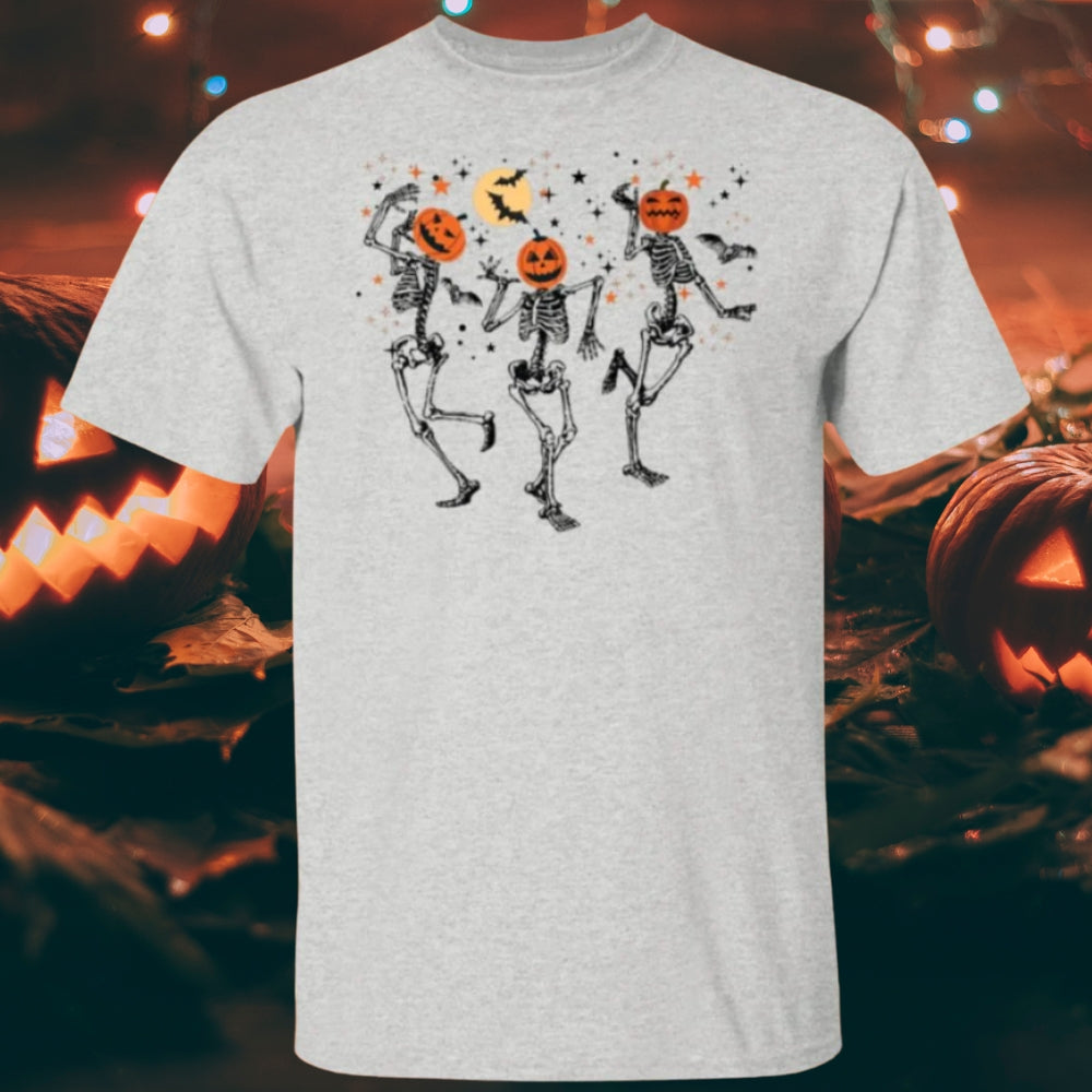 Dancing Pumpkin Heads Halloween T-Shirt on an ash gray shirt - Any Gift For You