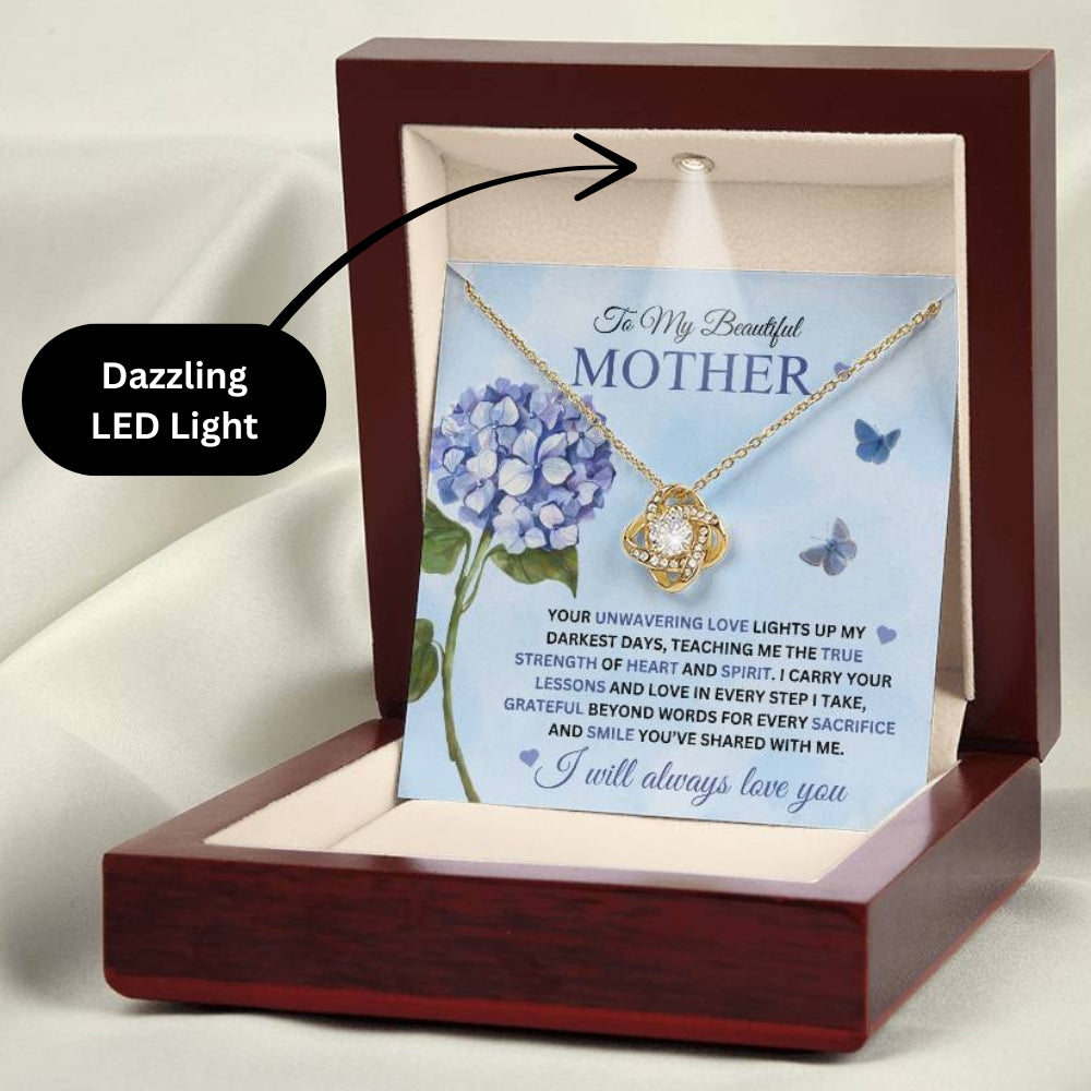 Love Knot Necklace for Mom - I Carry Your Love and Lessons in Every Step in 18k gold finish on a blue message card showing a blue hydrangea, in a mahogany style gift box with a dazzling LED light - Any Gift For You