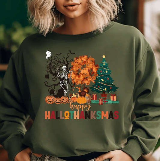 Warm and Festive HalloThanksMas Sweatshirt  in Military Green - Any Gift For You