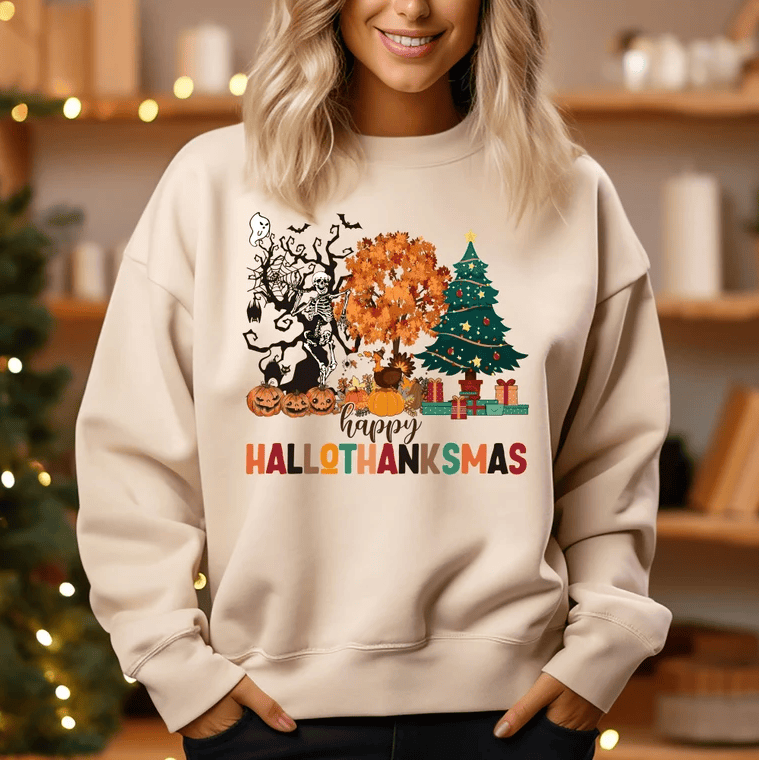 Warm and Festive HalloThanksMas Sweatshirt  in Sand - Any Gift For You