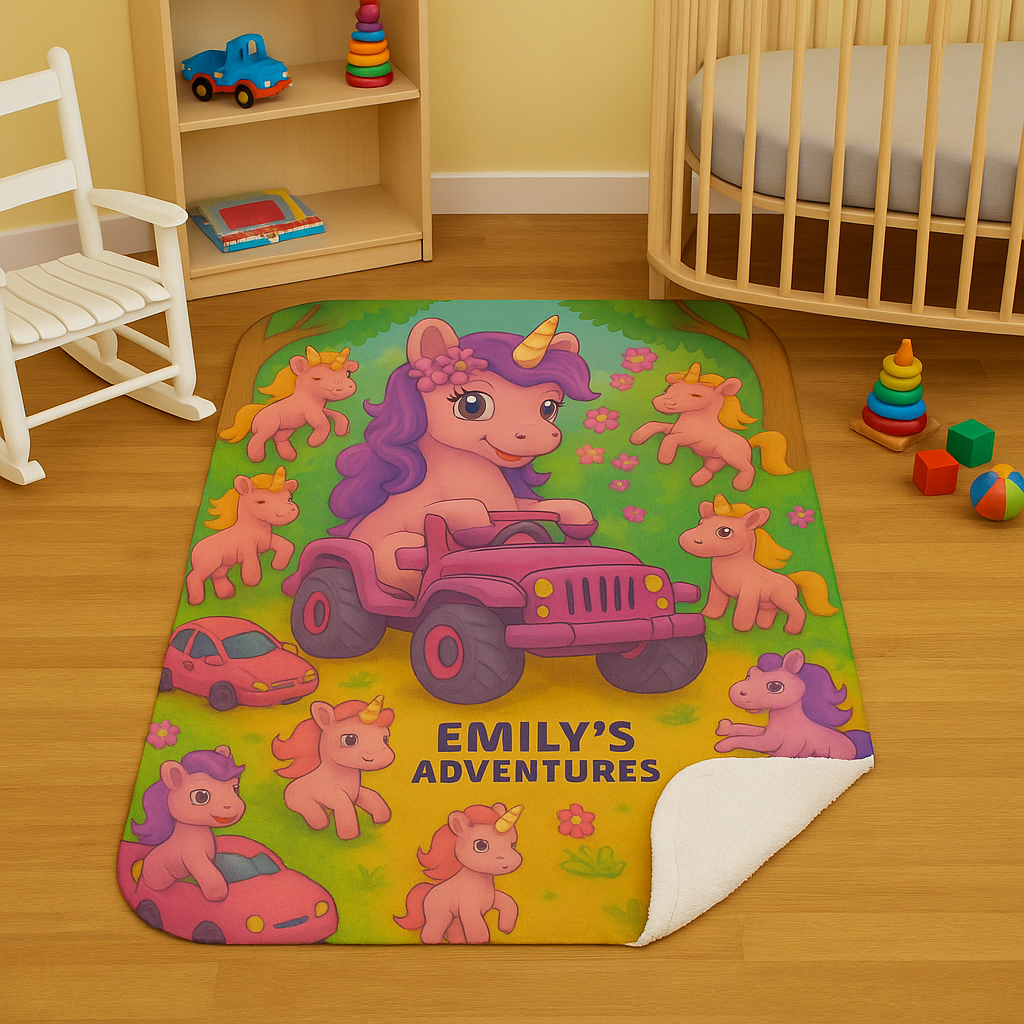 Children's blanket with a unicorn driving a pink car in a forest setting, personalized with 'Emily's Adventures' and placed in a child's room