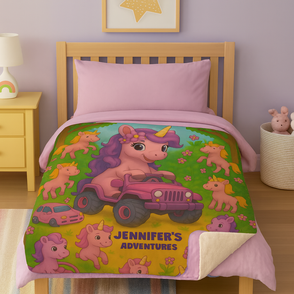 Children's 50x60" blanket with cartoon unicorns and vehicles in a jungle setting, featuring personalization of 'Jennifer's Adventures' written on it. The blanket has a corner folded back showing sherpa fleece on the reverse side and is displayed on a twin bed in a child's room.