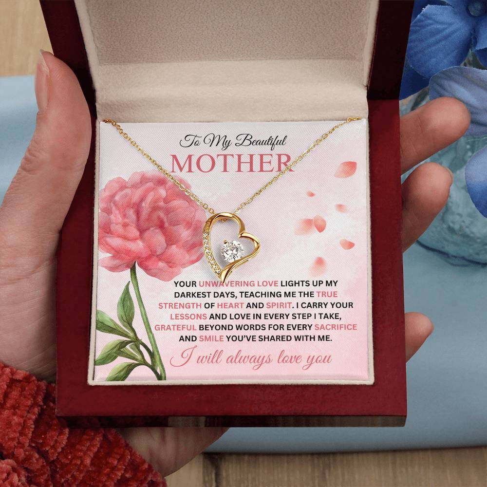 Forever Love Necklace for Mom - I Carry Your Love and Lessons in Every Step in 18k gold finish on a pink message card showing a pink peony, in a mahogany style gift box - Any Gift For You