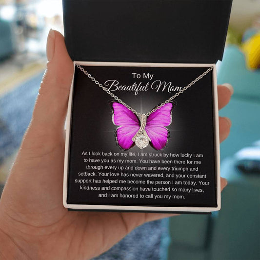 To Beautiful Mom, Butterfly Alluring Necklace in Bright Pink