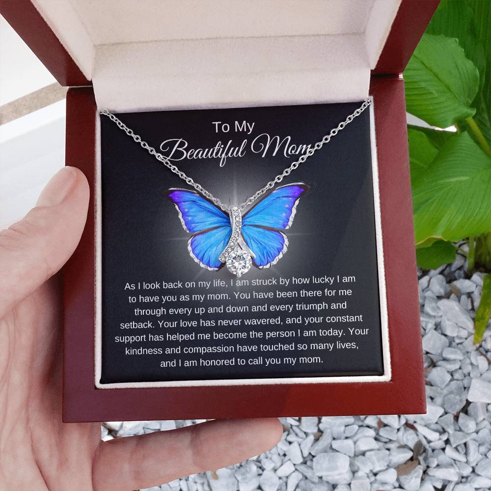 Mom's Alluring Beauty Necklace - A Tribute to Unwavering Love (Blue) in 14k white gold finish and a mahogany style box - Any Gift For You