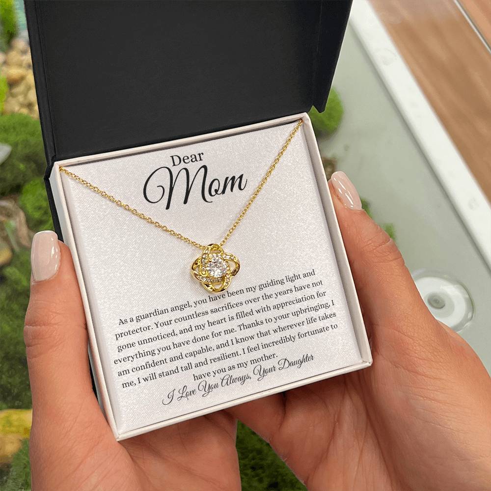 Guardian Angel Love Knot Necklace for Mom from Daughter, 18k yellow gold in a soft touch box - Any Gift For You