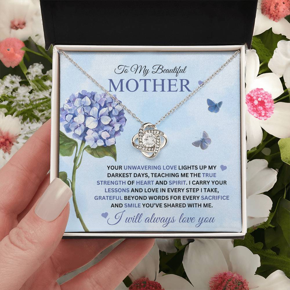 Love Knot Necklace for Mom - I Carry Your Love and Lessons in Every Step in 14k white gold finish on a blue message card showing a blue hydrangea, in a soft touch gift box - Any Gift For You