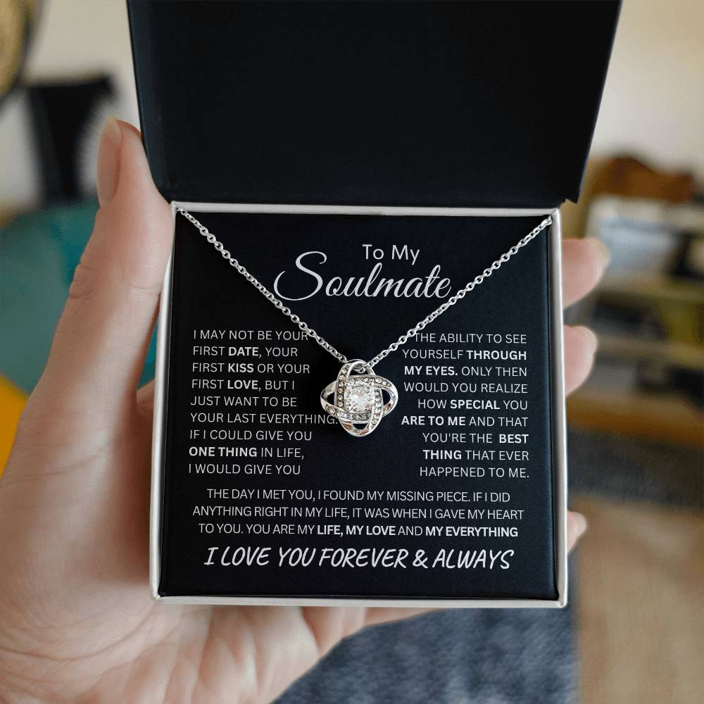 Beautiful Love Knot Necklace in 14K white gold over stainless steel. The Love Knot represents an unbreakable bond between two souls. This piece features a beautiful pendant embellished with premium cubic zirconia crystals. Surprise your loved one with this gorgeous gift today!
