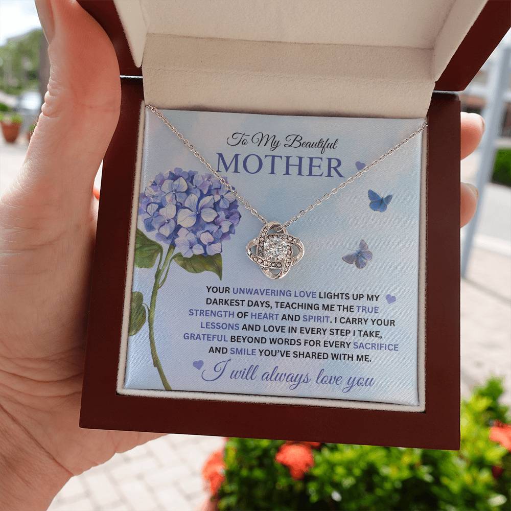 Love Knot Necklace for Mom - I Carry Your Love and Lessons in Every Step in 14k white gold finish on a blue message card showing a blue hydrangea, in a mahogany style gift box - Any Gift For You