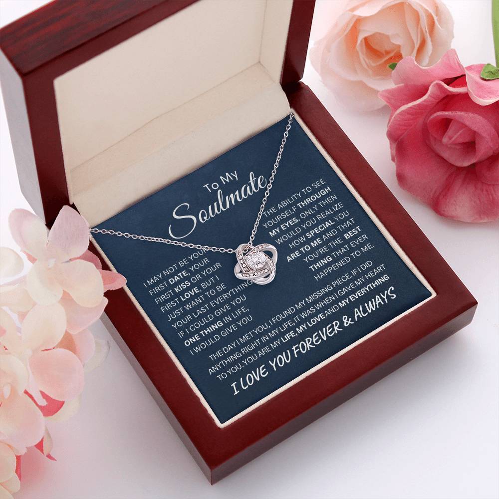 To My Soulmate Last Everything Love Knot Necklace on a Navy Message Card