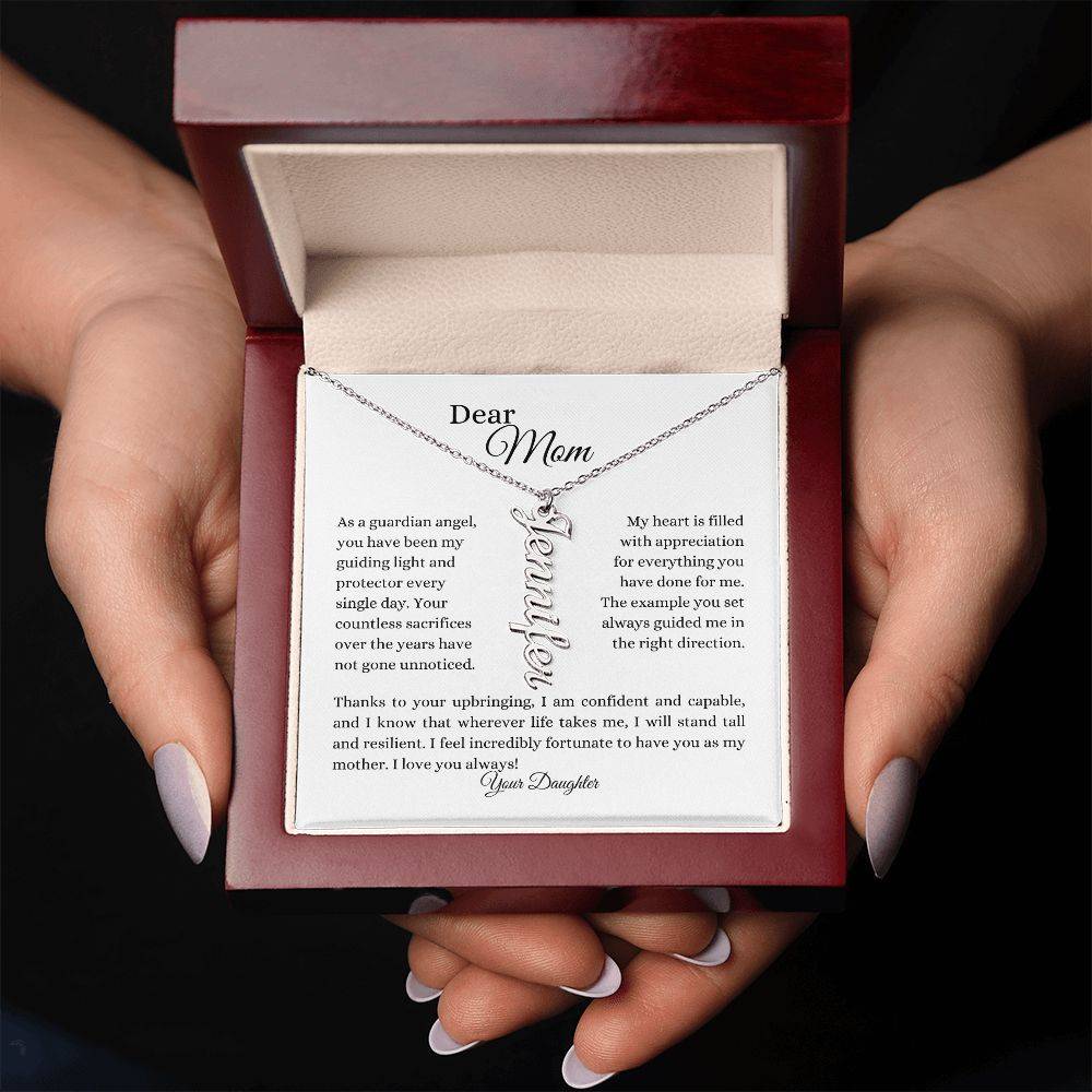 To Mom | Name Necklace (Vertical) | From Daughter in 14K white gold and mahogany style box - Any Gift For You