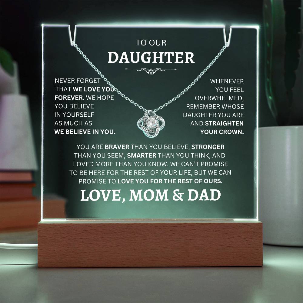 Acrylic Plaque Love Knot Necklace to Daughter From Mom & Dad in 18k white gold - Any Gift For You