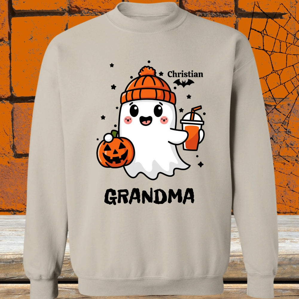 Spooky Cute Personalized Ghost & Bats Sweatshirt showing 1 name with the nickname Grandma - Any Gift For You