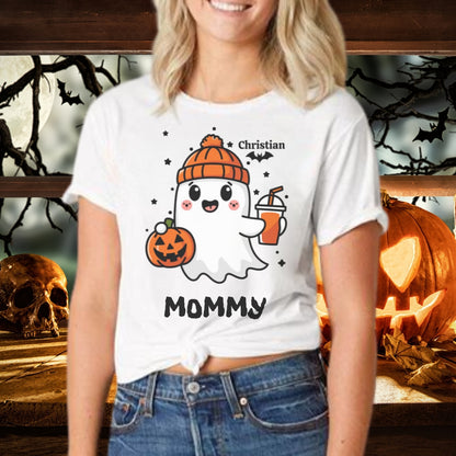 Spooky Cute Personalized Ghost & Bats T-shirt showing 1 name with the nickname Mommy - Any Gift For You