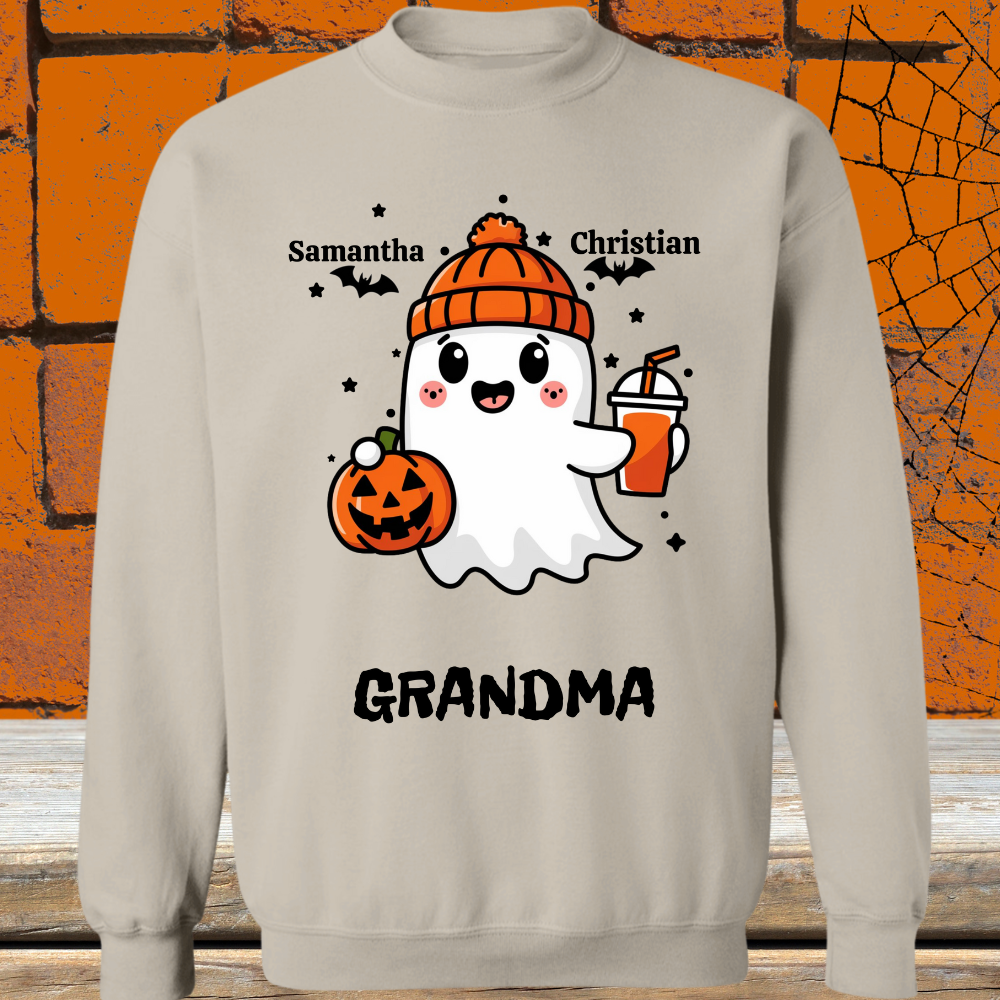 Spooky Cute Personalized Ghost & Bats Sweatshirt showing 2 names with the nickname Grandma - Any Gift For You