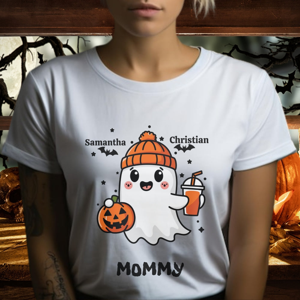 Spooky Cute Personalized Ghost & Bats T-shirt showing 2 names with the nickname Mommy - Any Gift For You