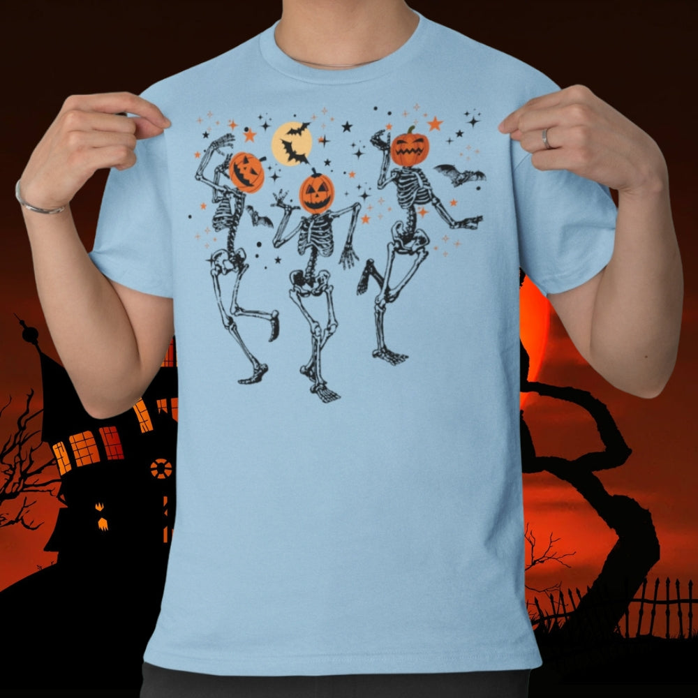 Dancing Pumpkin Heads Halloween T-Shirt on a light blue shirt - Any Gift For You