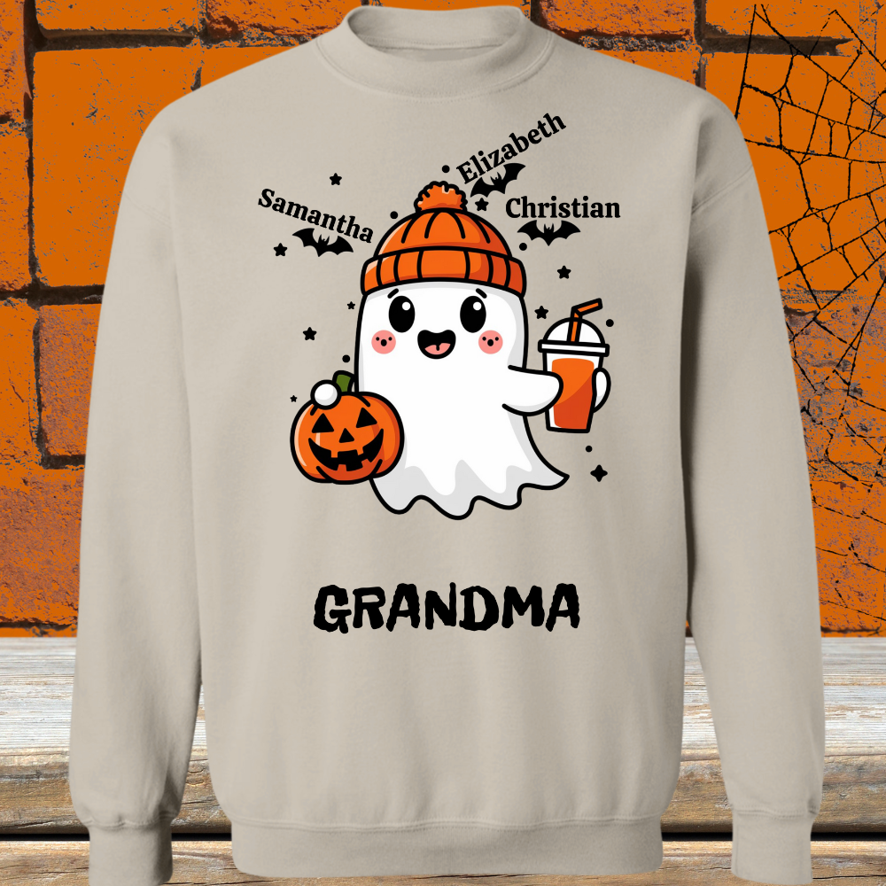 Spooky Cute Personalized Ghost & Bats Sweatshirt showing 3 names with the nickname Grandma - Any Gift For You