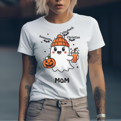 Spooky Cute Personalized Ghost & Bats T-Shirt on a female model showing 3 names with the nickname Mom - Any Gift For You