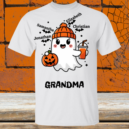 Spooky Cute Personalized Ghost & Bats T-shirt showing 4 names with the nickname Grandma - Any Gift For You