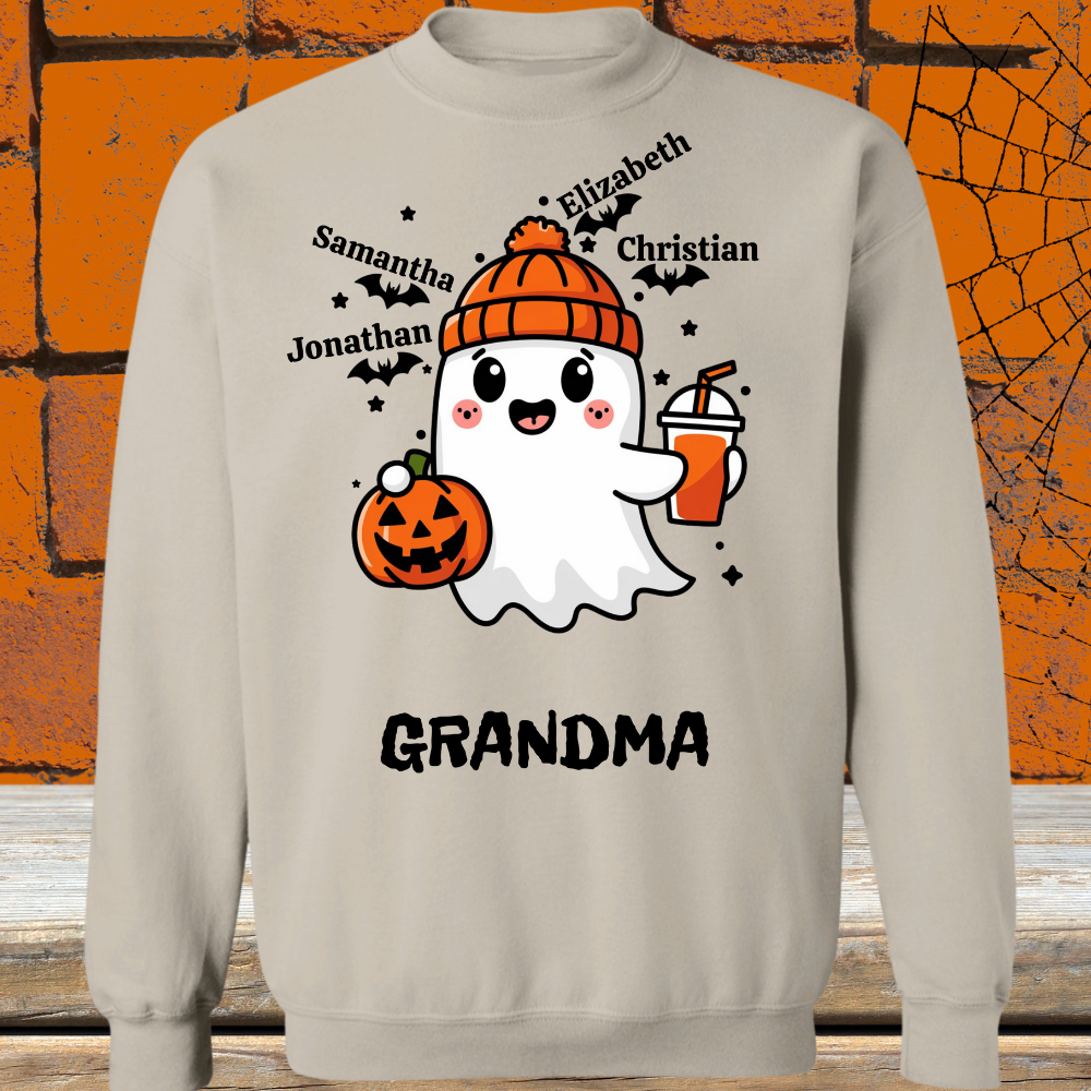 Spooky Cute Personalized Ghost & Bats Sweatshirt showing 4 names with the nickname Grandma - Any Gift For You