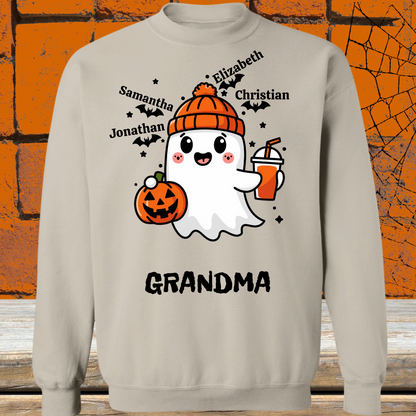 Spooky Cute Personalized Ghost & Bats Sweatshirt showing 4 names with the nickname Grandma - Any Gift For You