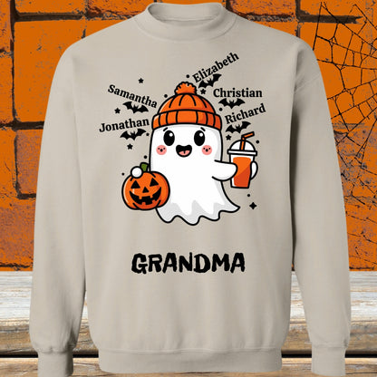 Spooky Cute Personalized Ghost & Bats Sweatshirt showing 5 names with the nickname Grandma - Any Gift For You